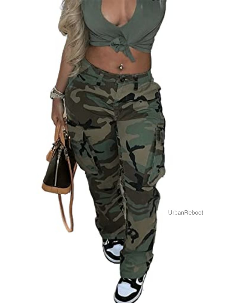 High Waist Camo Cargo Pants With Pockets Military Elastic Trousers